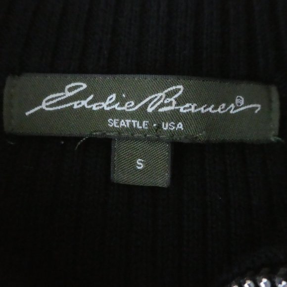 Eddie Bauer Sweater Mock Full Zip Pima Cotton Blend Ribbed Black Silvertone Pull - Picture 6 of 7